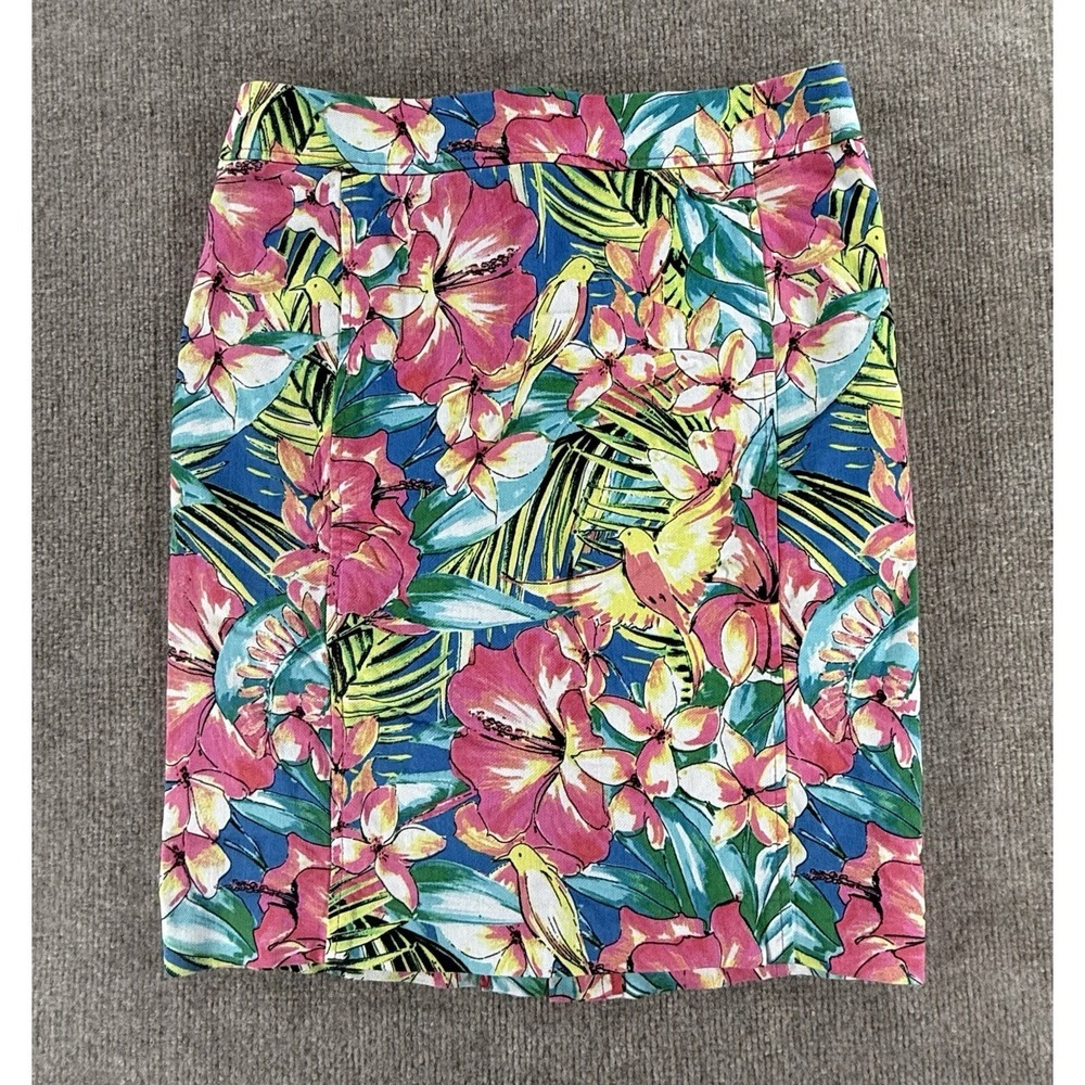 LOFT Tropical Floral Mini Skirt Size 4 Pink Blue Bird Cotton‎ Stretch